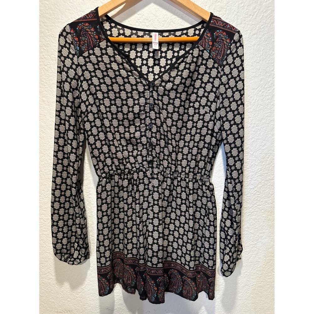 Xhilaration Womens Long Sleeve Romper Black Geometric Paisley Print Size M - Picture 2 of 11